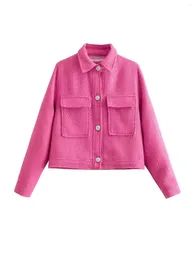 Outerwear Plus Size Women's Clothing Woolen Coat Lapel Single-Breasted Pink Short For Spring And Autumn The Bust Is In 104-114CM