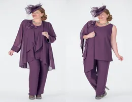 Elegante Roxo Mãe Da Noiva Calça Ternos Com Jaquetas Jewel Neck Barato Vestido de Convidado Do Casamento Plus Size Chiffon Mães Groom8175945