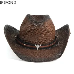Feito à mão tecer oco ocidental chapéu de cowboy para homens mulheres verão ao ar livre cowgirl praia sol chapéu de palha sombrero hombre 240228