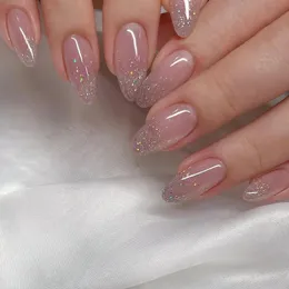 Glitter Pink Fake Nails Press on Short French Set Sequin Cute Dail Art Artable Fake Phake Nails Acrylic Cover Full Tips with Glue 240306