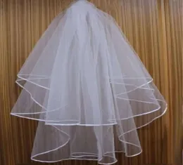Cheap Exquisit Short Bridal Veil Netting Two Layers With Comb With Ribbons Stain edge Wedding Veil Wedding Accessories White Ivory5701148