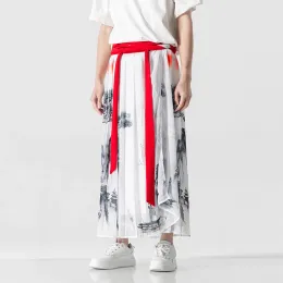 Spodnie 2023 Summer mężczyzn HARAJUKU KIMONO spódnica swobodne szerokie spodnie mężczyźni kobiety Ice jedwabne cienkie hanfu tang garnitur jednoczęściowy koniface culottes