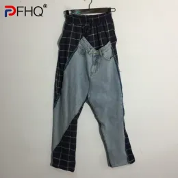 Pantolon pfhq yeni nedensel kontrast renk denim patchwork pantolon erkeklerin gevşek düz ekose pantolonları erkekler 2023 yaz moda 21f3464