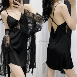 Women's Sleepwear 2Pcs Nightwear Sexy Lace Flower Robe Rayon Chemise Set Nightgown Loungewear Homewear 2024 Summer Spring