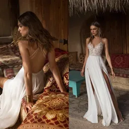 Sexy Berta A-Line High Side Split Vestido de Noiva V Neck Lace Apliques Frisado Vestios De Novia Backless Vestidos de Noiva Vestidos Personalizados 328 328