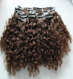 Brasilianska mänskliga jungfruliga hårförlängningar 9 stycken med 18 klippklipp i kinky curly short mörkbrun 2 naturlig färg8230143