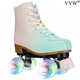 PU 가죽 플래시 4 휠 롤러 스케이트 여성 더블 행 스케이트 신발 초보자 쿼드 스니커 스케이팅 아이스 링크 훈련 240227