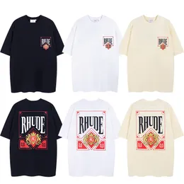 2024 модный стиль Rhude Дизайнерские футболки Tide Printed Mens t Мужчины Женщины Хлопковые футболки с короткими рукавами и топы белые рубашки поло с короткими рукавами