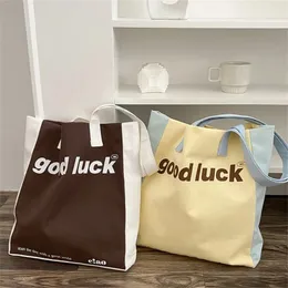 Shopping Bags Large Capacity Colorblock Canvas Bag Women Letters Good Luck Handbag Eco Reusable Cotton Grocery Shoulder