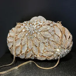 Gold Metal Leaves White Crystals Evening Clutch Bags Luxury Women Wedding Party Purse Ball Handbags Rhinestone Mini Minaudiere 240304