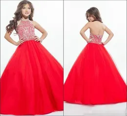 Ritzee Crystals Girls Pageant Elbiseleri Çocuk Aline Halter Boncuklu Backless Tatlı Kız Önlükleri Parti Cemaati Gown5361896