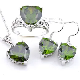 Luckyshine Mix 3 pezzi / lotto regalo di festa classico cuore fuoco verde peridoto gemme pendenti in argento sterling 925 per collane orecchino anello248w