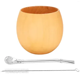 Bottiglie d'acqua in legno Yerba zucca Mate Set da tè fatto a mano in legno naturale Tazza da caffè con cucchiaio Paglia Bombilla Brush 200ML (Chiaro)