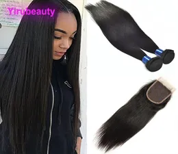 Перуанские шелковистые прямые волосы натурального цвета, 2 пучка с кружевной застежкой, 100 необработанных наращиваний человеческих волос, плетение с 4X4 Clos1432958