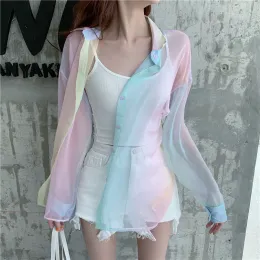 Gömlekler gökkuşağı kadın bluz üstleri gömlekler mahsul plaj artı vintage vadim ropa mujer kawaii kimono hırka blusas kobiety buzki