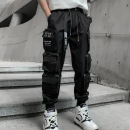 Calças 2023 Techwear Style Multi Pockets Cargo Pants Man Vintage Punk Hip Hop Pants Ribbon Casual Joggers Streetwear