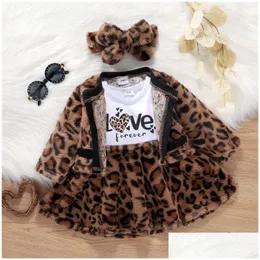 Clothing Sets 2021 Winter Kids Clothes Toddler Kid Baby Girls Leopard Warm Fl Sleeve Top Coatwork Letter Knee-Length Dress Headband Dhcpy