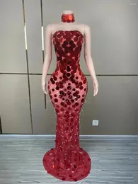 Stage Wear Sexy Red Sequins Transparent Long Dress Birthday Celebrate Rhinestones Costume Women Dance Performance Po Shoot