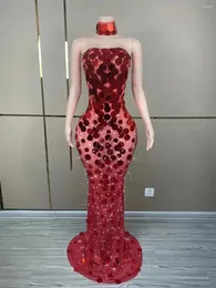 Palco desgaste sexy vermelho lantejoulas transparente vestido longo aniversário celebrar strass traje mulheres dança desempenho po shoot