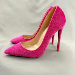 Dress Shoes Hair Decor Pointed Toe 6cm 8cm 10cm 12cm High Thin Heels Fashion Banquet Rose Red Lady Pumps BM060 ROVICIYA