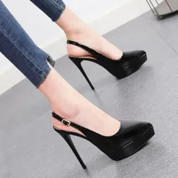 High Heel Shoes Thin Heel Hollow Back Button Pointed Waterproof Platform Women Shoes Lacquer Leather Single Shoes 34-39 240304
