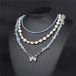 Conjunto de 3 peças de colar de pérola natural para mulheres, pingente de borboleta de cristal, gargantilha de pedra, joias artesanais, colar feminino 240305