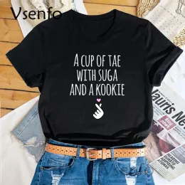 Camiseta uma xícara de tae com suga e um kookie impresso tshirt feminino coreano kdrama ídolo moda kpop merch v jhope suga rm jungkook t