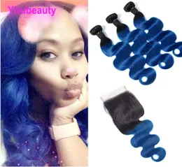 Malaysian Human Hair 1Bblue 3 Bundles With 4X4 Lace Closure With Baby Hair Body Wave 1028inch Hair Weaves 1b Blue Body Wave7892729