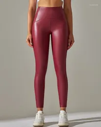 Женские брюки, спортивные эластичные леггинсы с высокой талией и карманами, узкие брюки для йоги из искусственной кожи с флисовой подкладкой, подтягивающие бедра