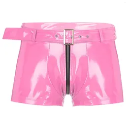 Underbyxor Mens Våt Look Patent Leather Boxer Shorts With Belt dragkedja Crotch Briefs Underwear Pants Nightclub Pole Dancing Nightwear