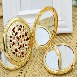 Chique retro vintage ouro metal bolso espelho compacto cosméticos retro espelhos de cristal cravejado portátil maquiagem beleza tools6105574