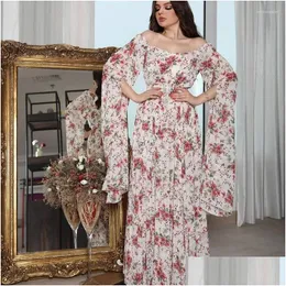 Etnisk klädmode utanför Shoder Pink Floral Long Dress for Women Summer 2023 Chiffon Print Belted Pleated Dresses White 2xl Drop D DHDS1