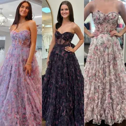 Floral Print Formal Party Dress 2k24 Strapless Ruffle Sheer Corset Lady Pageant Prom Evening Event Hoco Gala Cocktail Red Carpet Dance Gown Photoshoots Lilac Ivory