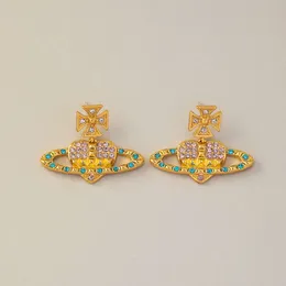 Viviennes Westwood Earrings Qingdao Jewelry S925 Silver Heart Saturn Pink Blue Diamond Earrings Design HeartEarrings