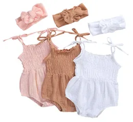 2020 Baby Summer Clothing Spädbarn Nyfödda flickor pojkar Solida bomullslinne Bodysuits ärmlös rem Jumpsuits pannband söt4891333