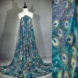 Dresses Peacock Feather Printed Mesh Fabric Malachite Blue Stretch Tulle For Sewing Performance Dress Women Clothing DIY Designer Fabric