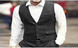 2021 Modest Grey New Wedding Groom Vests Wool Single Breasted Herringbone Tweed Vests Groomsmen Vest Mens Suit Vests Waistcoat CUS2470130