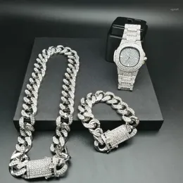 2 cm Hip Hop color oro ghiacciato cristallo Miami catena cubana oro argento orologio da uomo collana bracciale set Hip Hop King New1285y