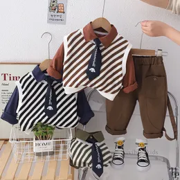 Preppy style toddler kids clothes sets little boys cartoo printed tie lapel long sleeve shirt stripe sweater vest pants 3pcs 2024 spring childre outfits Z7035