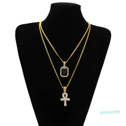 Egyptian Ankh Key of Life Bling Rhinestone Cross Pendant With Red Ruby Pendant Necklace Set Men Hip Hop Jewelry238i