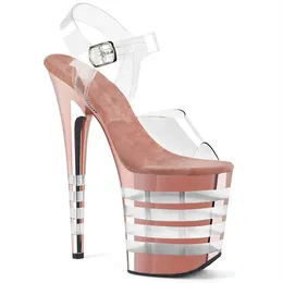 2024 PU neue Damen echtes Leder 20cm Super High Heel Round Zehenschuhe PVC Transparent unten eine Linie Hochzeit Amerikanische Europa Streifen die Laufstegsandalen Big