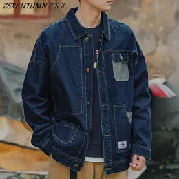 Japon mavi denim ceket adam retro gevşek dışarısı erkek kot kargo ceket kovboy rahat rüzgar pokları ceket ceket 240301