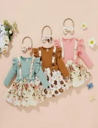 Clothing Sets Baby Girls Solid Color Clothes 3 Piece Set Summer Sweet Ruffle Long Sleeve Tops Floral Pritn Skirt Headband Child Ou5859871