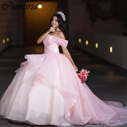 Pink Off the Shoulder Glitter Crystal Ball Gown Quinceanera Dresses Pleat Floral Applicies Ruffles Corset Vestidos de 15 Anos