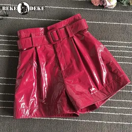 Kvinnors shorts gata kvinnor äkta läder fårskinn mode hög midja bred ben varumärke röda svarta skärmar avslappnad kvinna