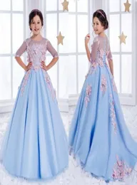 2020 Céu Azul Meninas Pageant Vestidos Ilusão Lace Rosa 3D Apliques Florais Cetim Crianças Flor Longa Meninas Vestido Princesa Barato Birth4215559