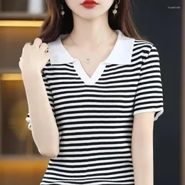 Women's Polos T Shirts Khaki Clothes Short Sleeve Tee Striped Black Polo Neck Shirt Top Y2k Fashion Trend V Cotton Youth High Quality