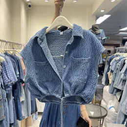 Drawstring Waistcoat Jean Jacket Jaqueta Feminina Short Sleeve Denim Coat Chaqueta Mujer Women Crop Shirt Korean Tops Y2k Vest 240301