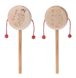 Natural Wood Cartoon Chinese Traditional Spinning Rattle Drum Hand Bell Baby Musical Toy Kids Tidig utbildning Toy6786349