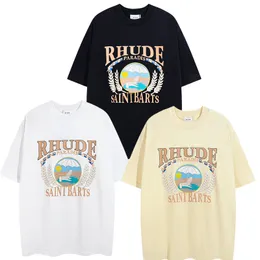 2024 Rhude Designer Tshirts Tide Printed Mens T Men Womenshort Sleeve Cotton Tees High Street Rhudes Oversize Tops White Polos Shirts
